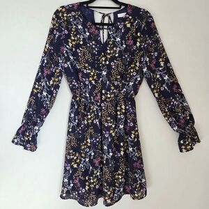 Lush Navy Blue Floral Mini Dress Size M Faux Wrap Keyhole Neckline Ruffle Sleeve